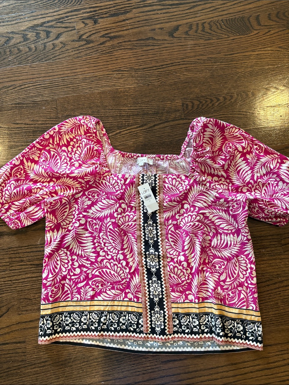 LOFT Fuchsia Floral Square-Neck Short Sleeve Blouse
